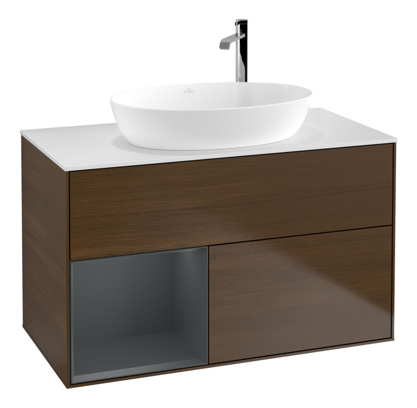 Тумба под раковину Villeroy & Boch Finion 100х50,1 см с подсветкой МДФ шпон грецкого ореха/стекло белое матовое F891HGGN