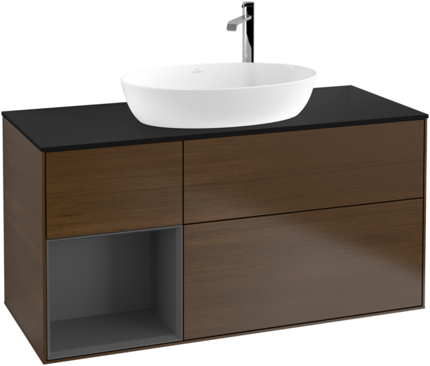 Тумба під раковину Villeroy & Boch Finion 120х50,1 см з підсвічуванням МДФ шпон волоського горіха/скло чорне матове G942GKGN