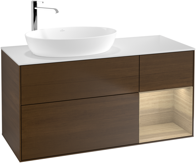 Тумба під раковину Villeroy & Boch Finion 120х50,1 см із підсвічуванням МДФ шпон волоського горіха/скло біле матове F931PCGN