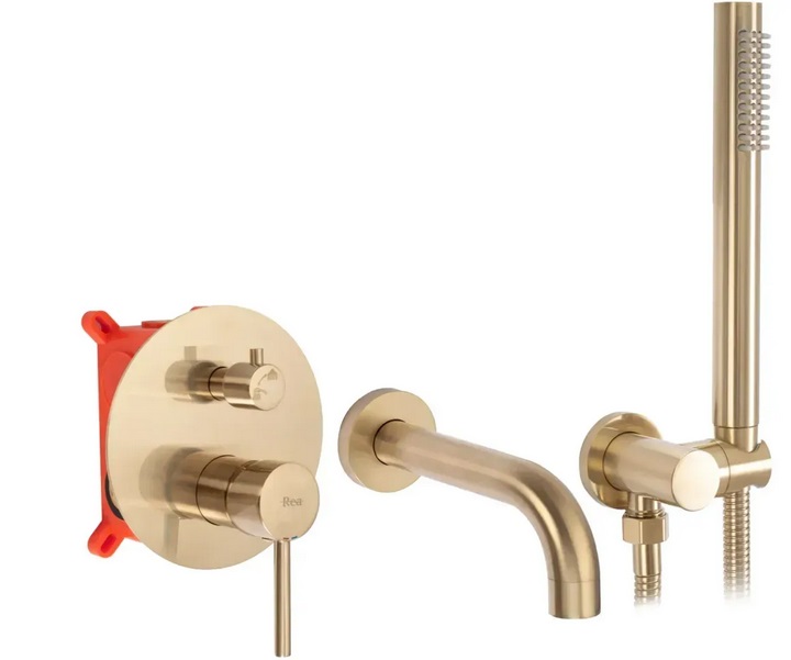 Смеситель для ванной Rea Lungo однорычажный с душевым гарнитуром матовое золото REA-B7503