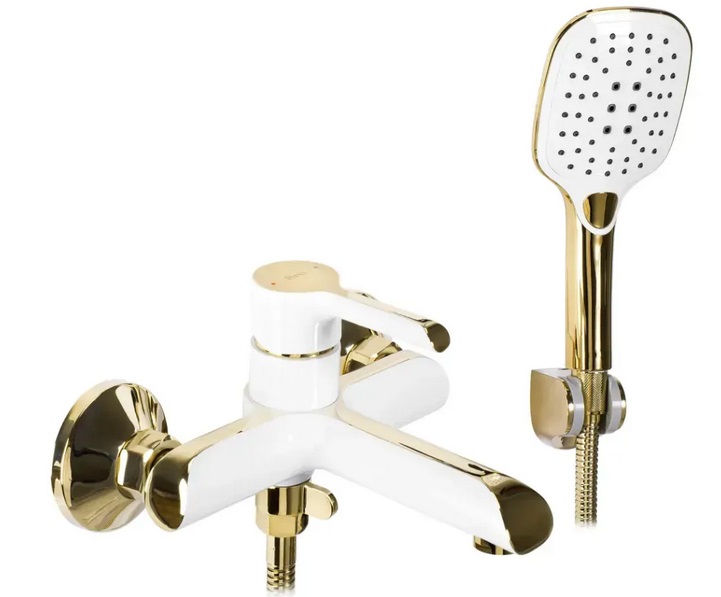 Смеситель для ванной Rea Melia однорычажный с душевым гарнитуром белый/золото REA-B2710