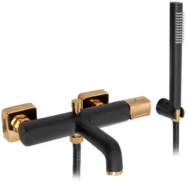 Смеситель для ванной Rea Salto одновентильный с душевым гарнитуром черный/розовое золото REA-B6352