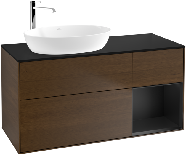 Тумба під раковину Villeroy & Boch Finion 120х50,1 см з підсвічуванням МДФ шпон волоського горіха/скло чорне матове G932PDGN