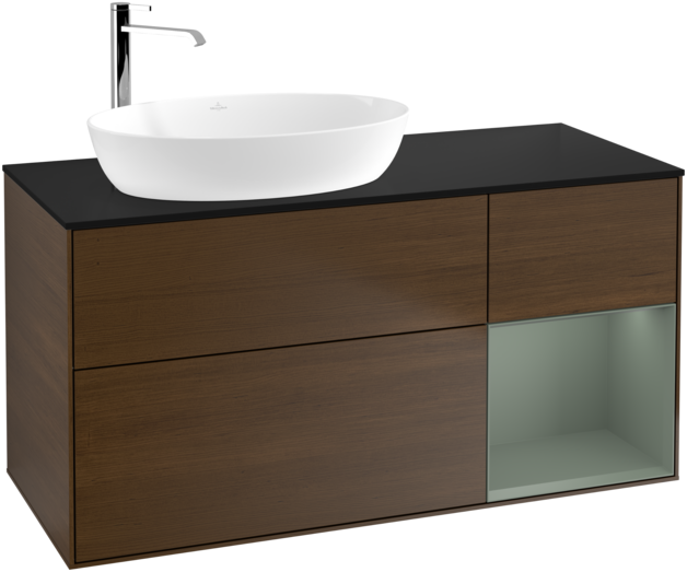 Тумба під раковину Villeroy & Boch Finion 120х50,1 см з підсвічуванням МДФ шпон волоського горіха/скло чорне матове G932GMGN