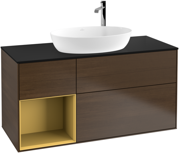 Тумба під раковину Villeroy & Boch Finion 120х50,1 см з підсвічуванням МДФ шпон волоського горіха/скло чорне матове F942HFGN