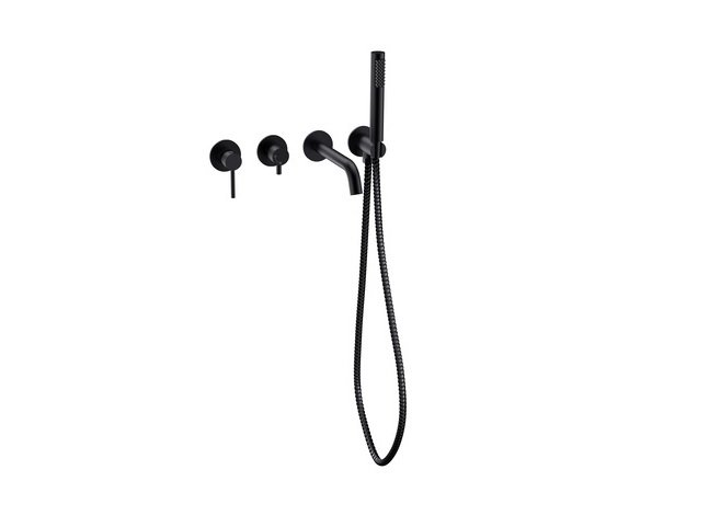 Змішувач для ванної кімнати Besco Veo настінний з душовим гарнітуром чорний матовий BW-V4P-CZ