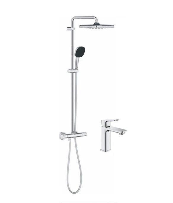 Набор для ванной комнаты Grohe душевая система Vitalio Comfort Cube 250 + смеситель для раковины Dice хром UA203101TM