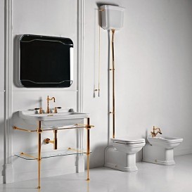 Биде напольное удлиненное Kerasan Waldorf чаша прямоугольная белый/золото 4120K2