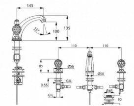 Cмеситель для раковины на 3 отверстия  KLUDI ADLON  высокий излив   ручки хрусталь  хром 5104305G5
