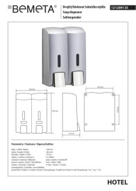 Диспенсер для рідкого мила Bemeta Hotel подвійний 2x300 мл пластик хром матовий 121209135