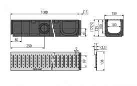 Дренажный канал AlcaPlast 100 мм без рамки с оцинкованной решеткой Т-образного профиля AVZ101-R101