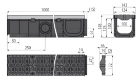 Дренажный канал AlcaPlast 100 мм с металлической рамой и  решеткой из композитного материала С250 AVZ103-R403