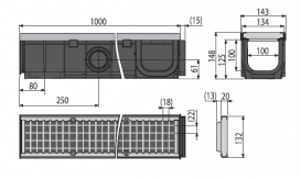 Дренажний канал AlcaPlast 100 мм з металевою рамою і оцинкованою решіткою С250 AVZ103-R104