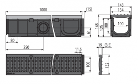Дренажный канал AlcaPlast 100 мм с металлической рамой и чугунной решеткой D400 AVZ103-R201