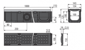Дренажный канал AlcaPlast 100 мм с металлической рамой и чугунной решеткой С250 AVZ103-R202
