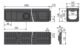 Дренажний канал AlcaPlast 100 мм з пластиковою рамою і пластиковою гратами А15 AVZ104-R401