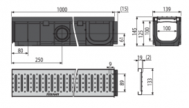 Дренажный канал AlcaPlast 100 мм с пластиковой рамой и оцинкованной решеткой C профиль A15 AVZ102-R102