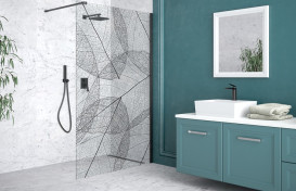 Душова перегородка Besco Leafy Walk in 100х200 см профіль чорний матовий/прозоре скло з візерунком LF-100-200C