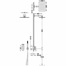 Душова система Tres Cuadro-Tres з одноважільним змішувачем і верхнім душем хром 00698003
