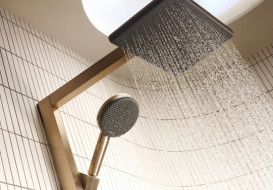 Душевая стойка Hansgrohe Raindance Alive Q 34х21 см 1jet EcoSmart с термостатом ShowerSelect Comfort бронза 24581140