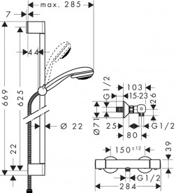 Душевой гарнитур со штангой Hansgrohe коллекция Crometta Vario 85 0.65 м с термостатом хром 27058000