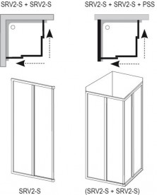 Душовий куточок прямокутний розсувний Ravak SRV2-S + SRV2-S - 75 S чотирьохелементний з кутовим входом профіль сатин / скло grape 14V30U02ZG