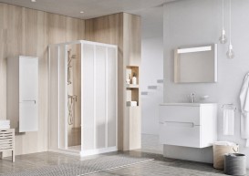 Душовий куточок прямокутний розсувний Ravak ASRV3 + ASRV3-90 шестиелементна з кутовим входом профіль сатин/полістирол pearl 15V70U0211