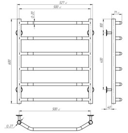 Електрична сушарка для рушників Deffi Трапеція П6 500х600 ліве підключення EF16 білий D.TR.60.50.6.E.W.L.5
