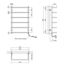 Електрична сушка для рушників Kroner Скоба 800х500/6 ЕR праве підключення хром ДС10ER