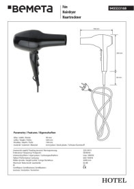 Фен без держателя Bemeta Hotel 1800 Вт с ионизацией черный глянец 945533168