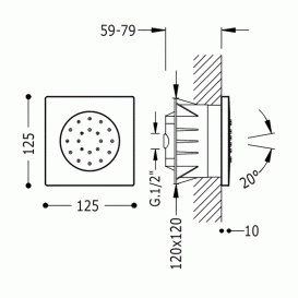 Гидромассажная форсунка Tres 125х125 мм с 1 видом поворотной струи хром 9107515