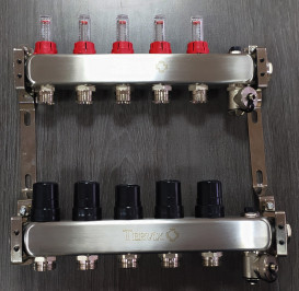 Коллектор для теплого пола Tervix Pro Line на 5 контуров с расходомерами краном Маевского и сливным краном нержавеющая сталь 501205