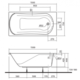 Ванна акриловая прямоугольная Kolo коллекция Comfort 150х75х44 XWP3050000