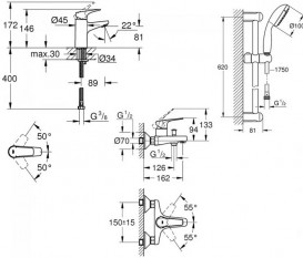 Комплект смесителей для ванной Grohe BauFlow 3 в 1 с душевым набором хром 121624S