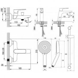 Комплект змішувачів для ванної з душовим гарнітуром Ravak Classic 5 в 1 (CL 012 + CL 022 + 953.00 + 972.00 + 911.00) 70320254