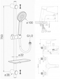 Комплект змішувачів для ванної з душовим гарнітуром KollerPool Twin хром NT0100 + NT0200 + TN010