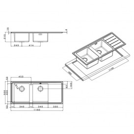 Кухонна мийка прямокутна подвійна Apell Linear Plus RIGHT з донним клапаном і сифоном нержавіюча сталь Brushed LNP1162FRBC