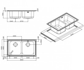 Кухонна мийка прямокутна подвійна Apell Torino з донним клапаном і сифоном нержавіюча сталь Brushed TO862IBC