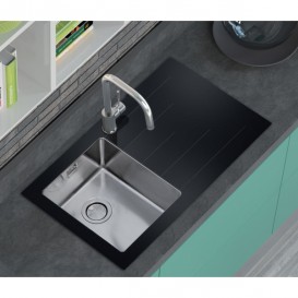 Кухонная мойка прямоугольная фронтальная часть черное стекло pop-up механизм Apell Pura RIGHT нержавеющая сталь Brushed PU861IRBC