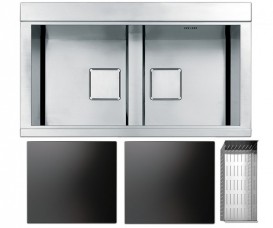 Кухонная мойка прямоугольная на две чаши с двумя черными стеклянными поверхностями Apell Sinphonia нержавеющая сталь PD862IKITB