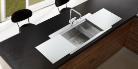 Кухонна мийка прямокутна на дві чаші з двома білими скляними поверхнями Apell Sinphonia нержавіюча сталь PD862IKITW