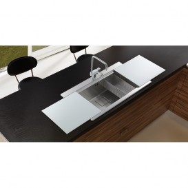 Кухонная мойка прямоугольная на две чаши с двумя белыми стеклянными поверхностями Apell Sinphonia нержавеющая сталь PD1162IRKITW