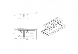 Кухонная мойка прямоугольная на две чаши фронтальная часть черное стекло pop-up механизм Apell Pura нержавеющая сталь PU1162IRBC