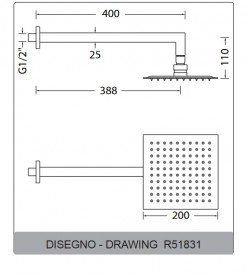 Лейка для верхнього душа Eurorama Wellness 200х200 мм з тримачем сталь R51831
