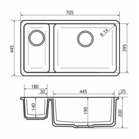 Мойка для кухни Granado Under top double под столешницу 70,5х44,5 см наногранит black shine gr3401