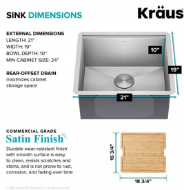 Мийка для кухні Kraus Kore під стільницю 53,3х43,2 см нержавіюча сталь KWU111-21