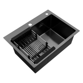 Мойка для кухни Kroner KRP Schwarze-5843HM 58х43 см с дозатором и сушилкой нержавеющая сталь черный PVD CV022794