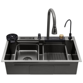 Мийка для кухні Kroner KRP Schwarze-SET7545NBPVD 75х46 см із змішувачем та аксесуарами нержавіюча сталь чорний PVD CV033805