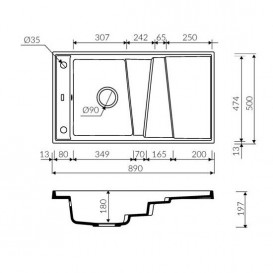 Мийка для кухні Marmorin Batea 1k з крилом врізна штучний камінь чорний 716 113 002