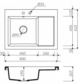 Мийка для кухні Marmorin Nero 1k 0,50 80х61 см штучний камінь Magranit чорний 714 113 002